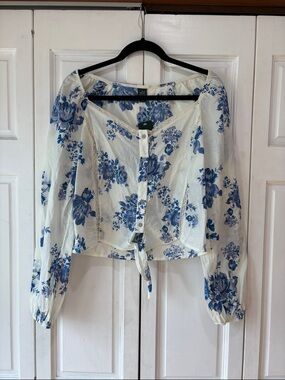 wild fable White and Blue Floral Tie-Front Blouse